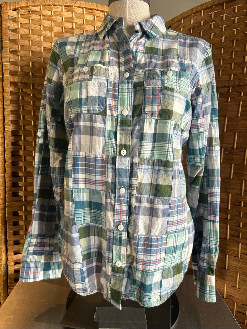 L.L.Bean Madras Patchwork Plaid Cotton Button Front Shirt XS